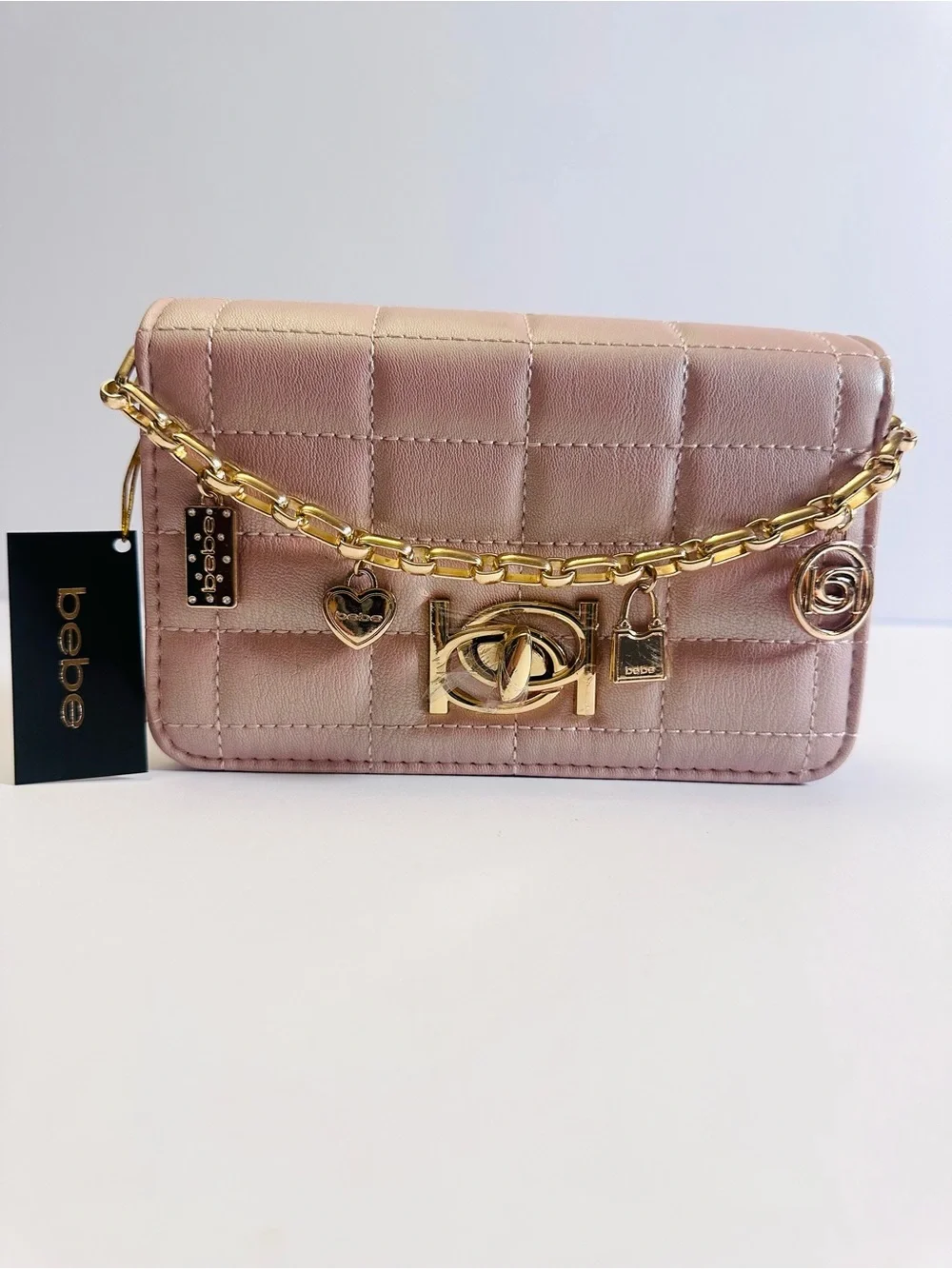NWT BEBE Jacari Iridescent Mauve Quilted Charm Crossbody Bag ✨